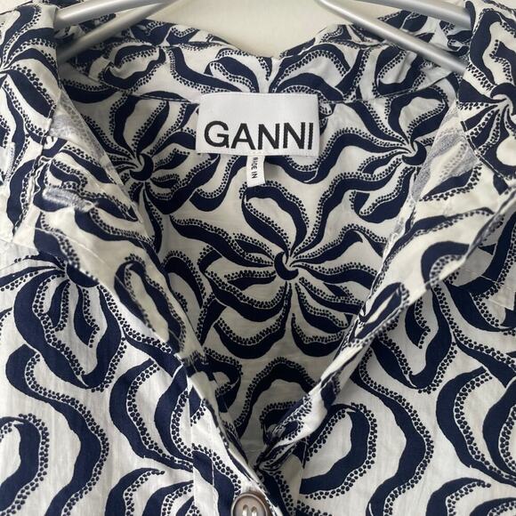 GANNI Printed Cotton Mini Shirt Dress Navy Blue SIZE 38 - Picture 7 of 8